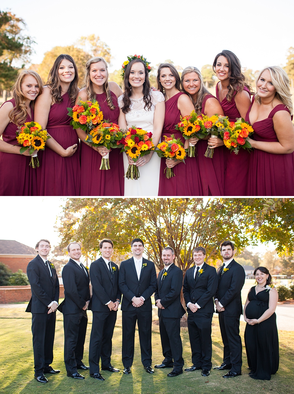 burgundy bridesmaid dresses with sunflowers Burgundy Dahlias & Sunflower Greenery Bride Bouquet – FallinLove Bouquets main image 0